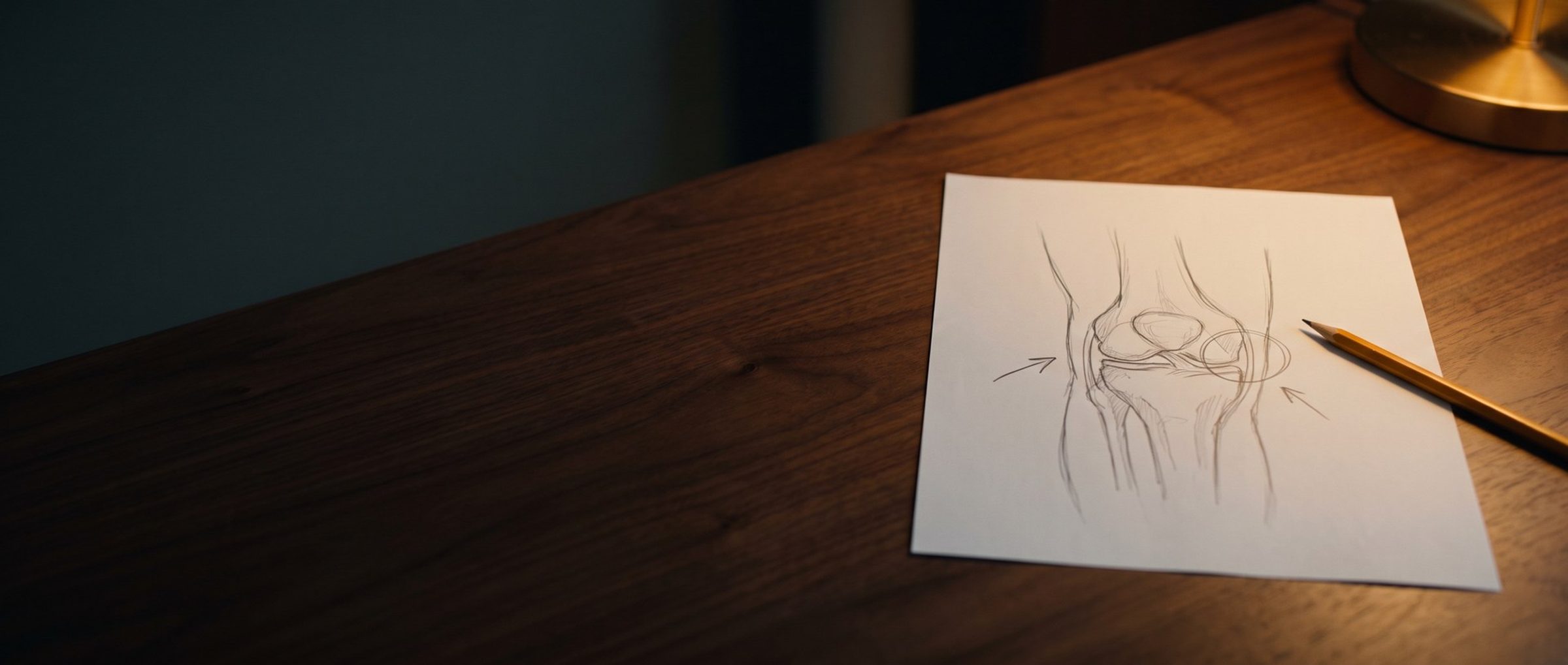A quick pencil sketch of a knee joint with two arrows and a circle on a sheet of paper on a walnut consult-room desk, a yellow pencil resting across the corner in warm lamp light