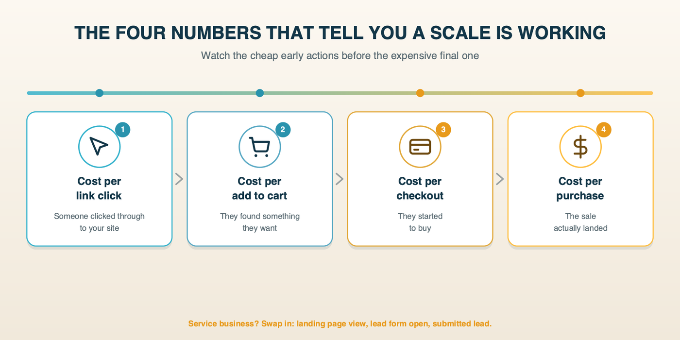 The four costs to watch as you scale: cost per link click, cost per add to cart, cost per checkout, and cost per purchase, flowing left to right from cheap early actions to the final sale.