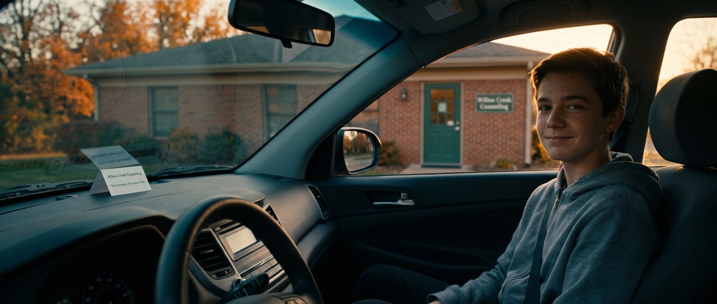 From the driver's seat of a parked car in late afternoon, a teenage boy in the passenger seat gives a small relieved smile after his session, with a small Willow Creek Counseling sign by the office door outside