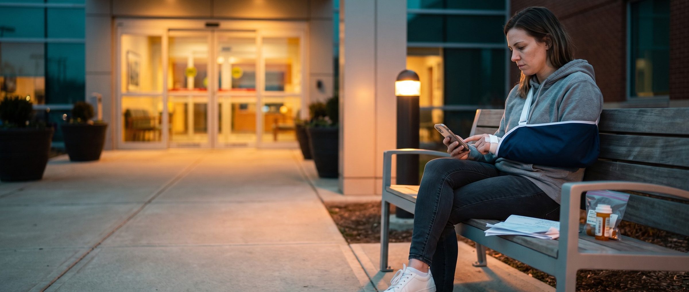 At dusk outside a hospital emergency entrance, a woman with her left arm in a navy sling sits on a bench typing on her phone, discharge papers and a prescription bottle beside her