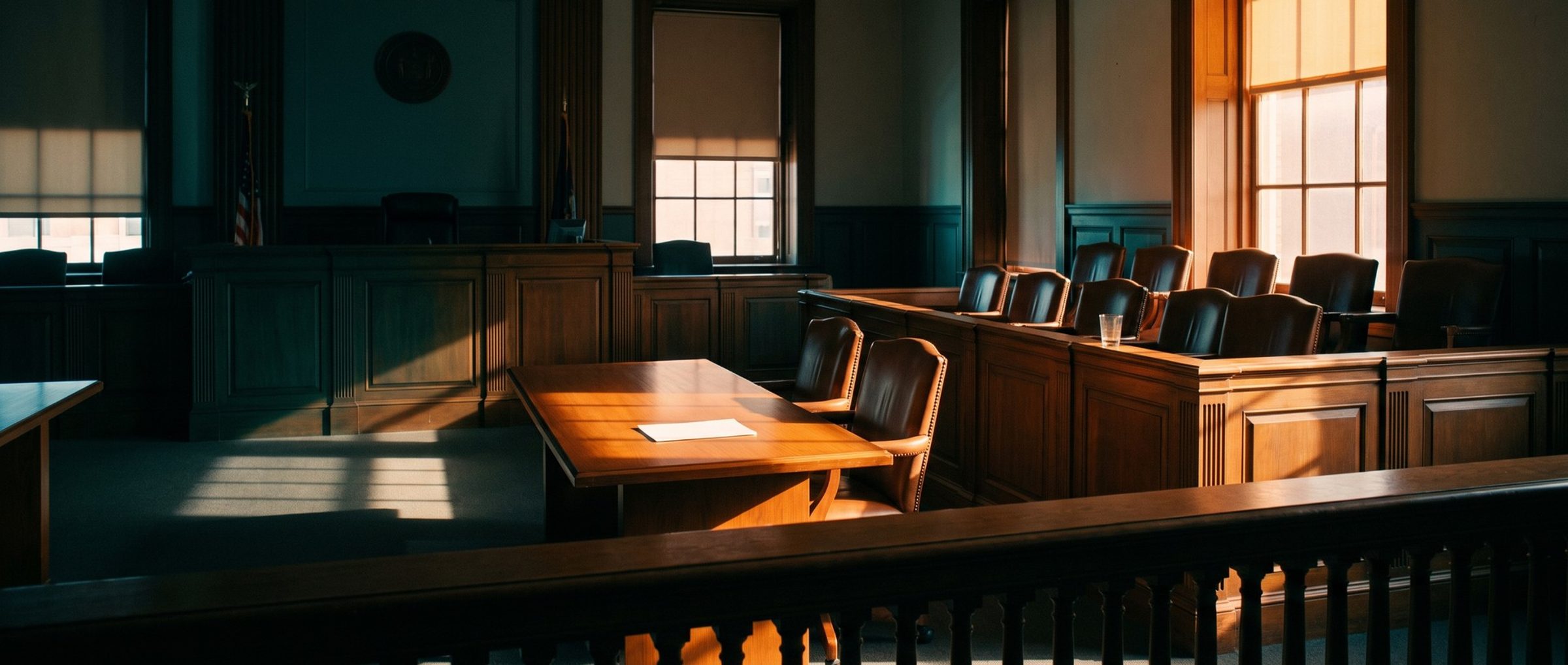 An empty courtroom at dusk after a trial: two rows of empty leather jury chairs, a water glass left on the rail, and a single sheet of paper on the counsel table in a shaft of window light