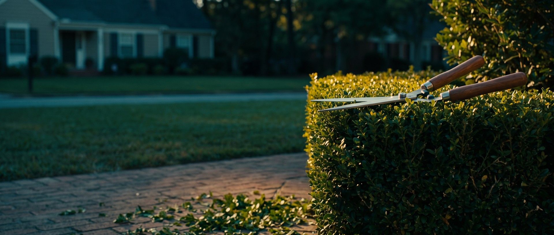 Wooden-handled hedge shears resting open on a freshly pruned boxwood hedge beside a brick front walk in morning sun, clippings scattered on the path