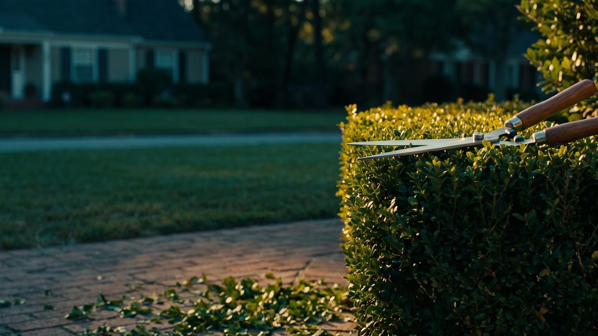 Wooden-handled hedge shears resting open on a freshly pruned boxwood hedge beside a brick front walk in morning sun, clippings scattered on the path