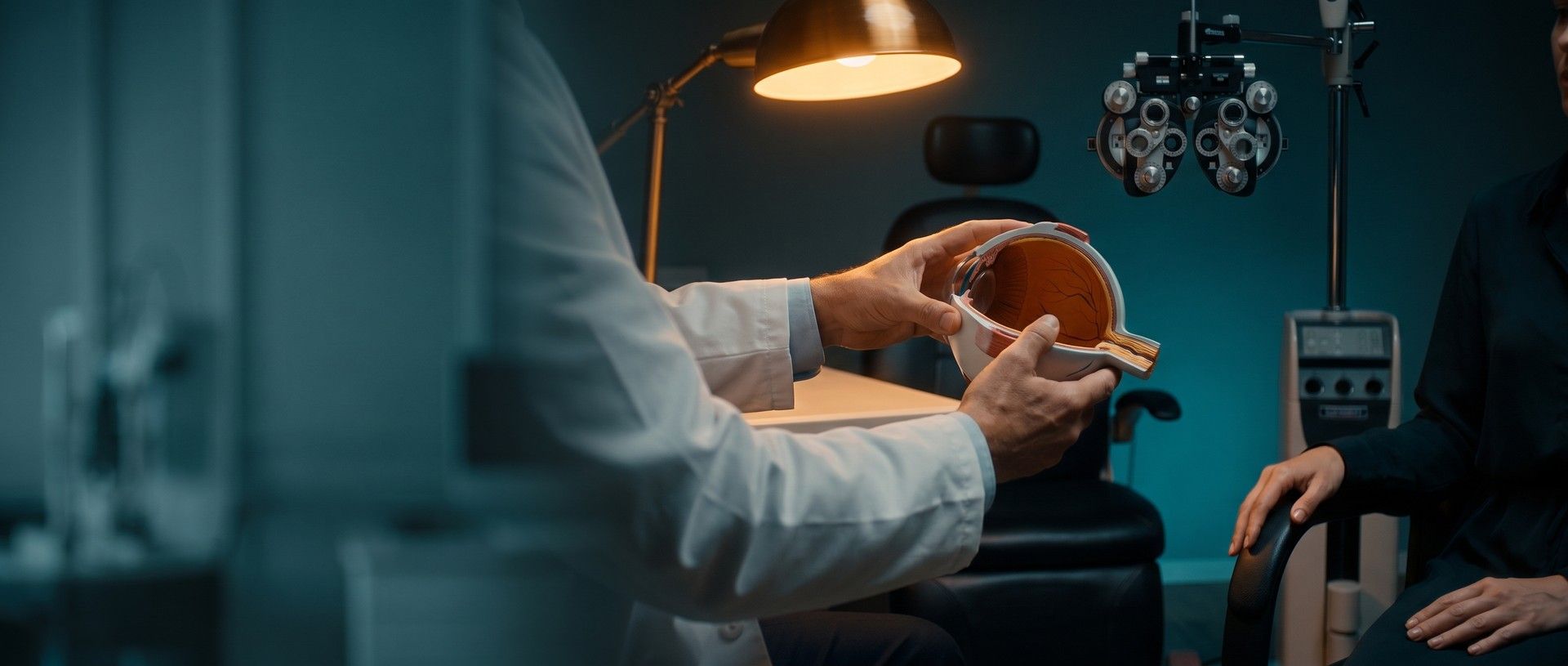 An optometrist in a white coat turns a cutaway model of the eye toward a seated patient, the phoropter hanging from its arm beside the exam chair in the teal shadows behind