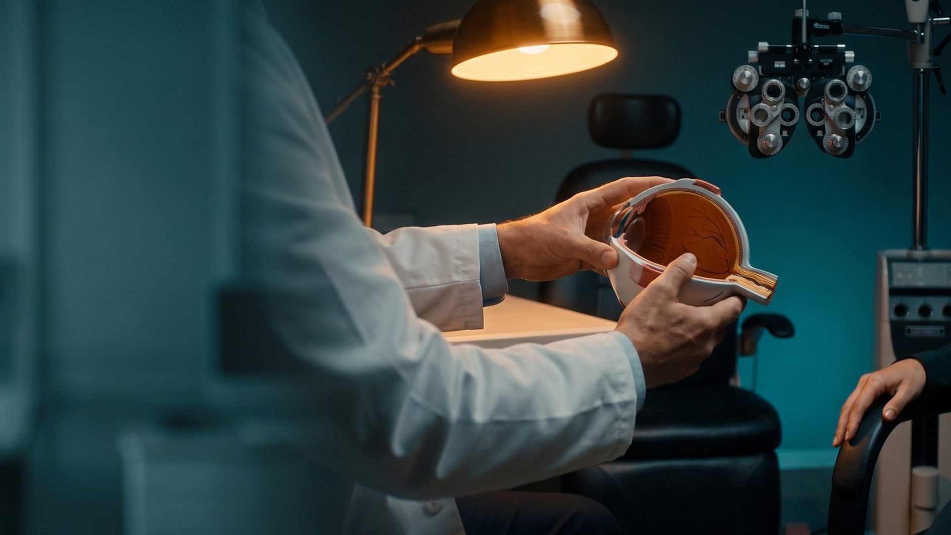 An optometrist in a white coat turns a cutaway model of the eye toward a seated patient, the phoropter hanging from its arm beside the exam chair in the teal shadows behind