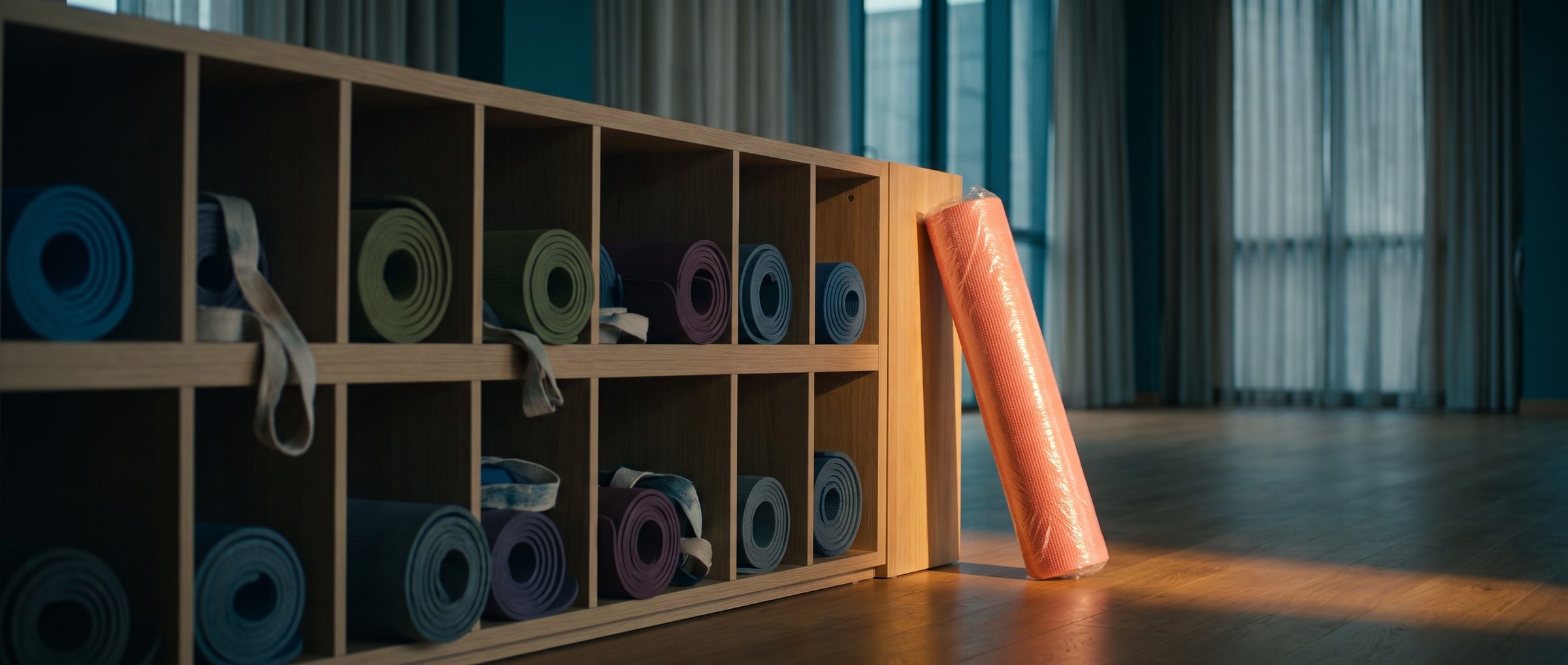 A light-wood cubby rack of worn, faded yoga mats in muted blues, greens and plums, with one bright coral mat still sealed in plastic wrap leaning at the end of the row in morning light