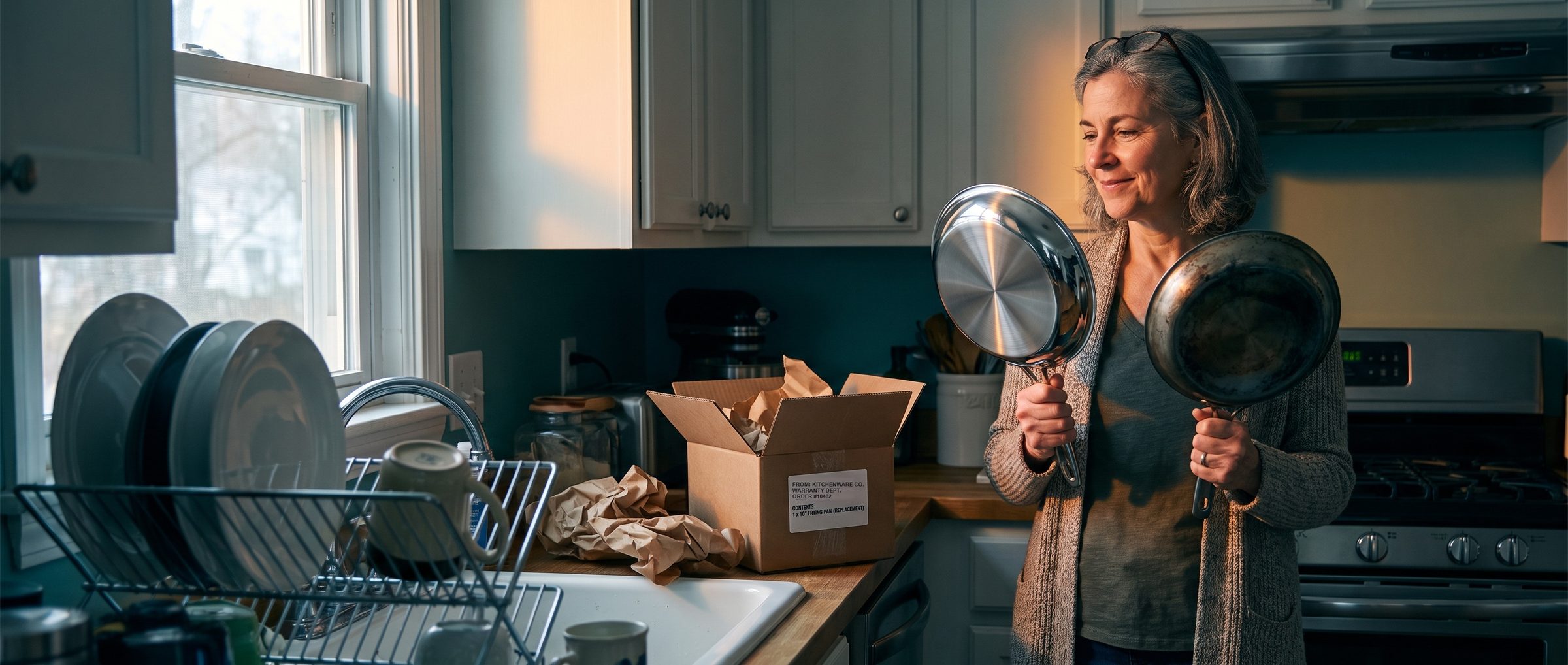 In a morning kitchen, a woman by the stove holds a gleaming new stainless frying pan beside her old warped one, the replacement's shipping box open on the counter