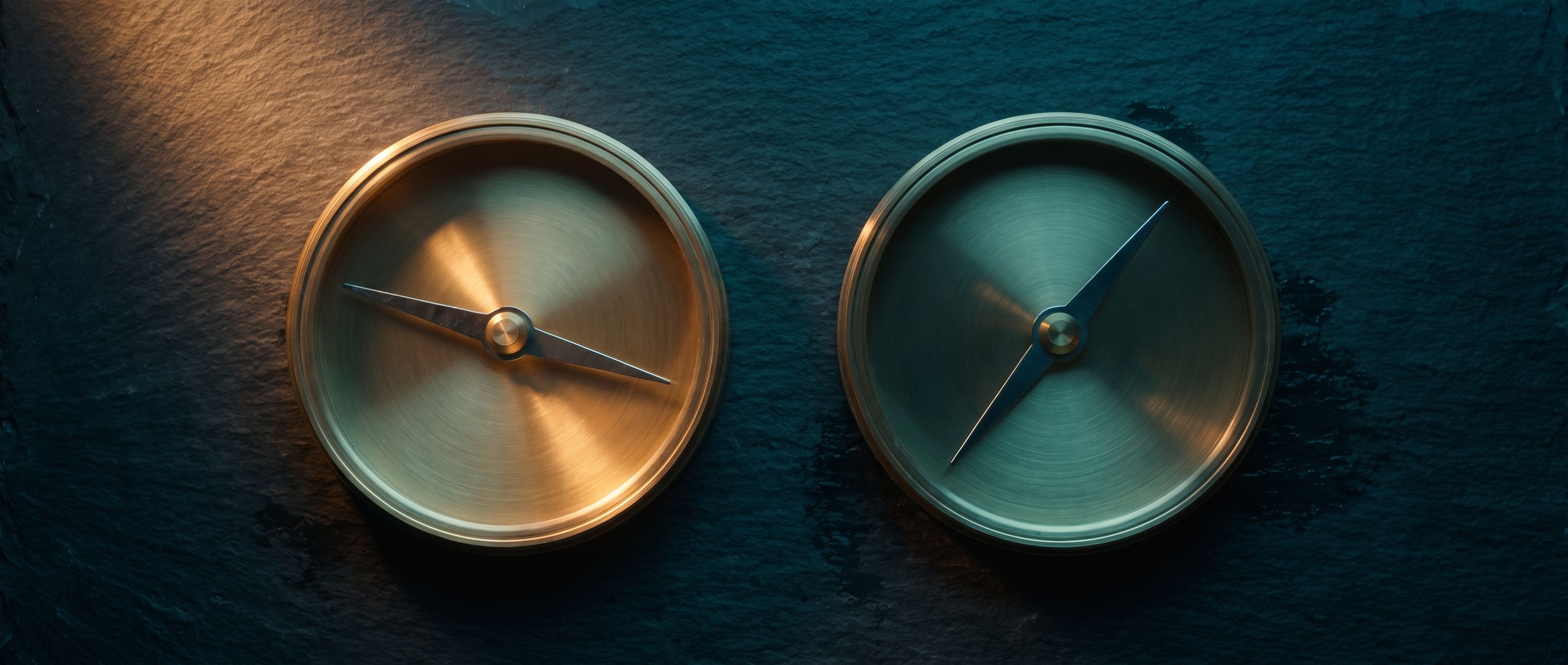 Two identical brass compasses side by side on dark slate, their needles pointing in clearly different directions, one lit warm amber and the other in cool shadow