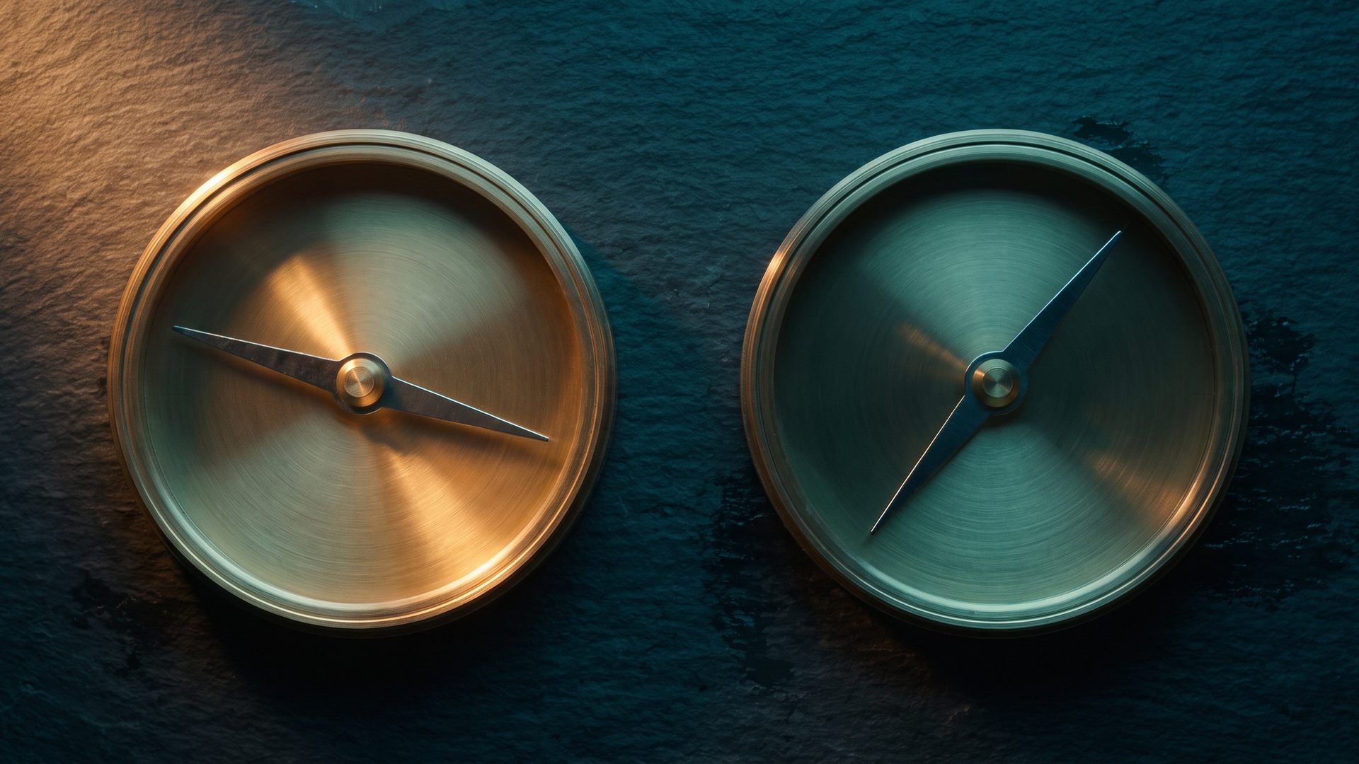 Two identical brass compasses side by side on dark slate, their needles pointing in clearly different directions, one lit warm amber and the other in cool shadow