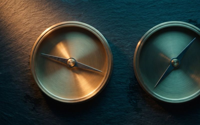 Two identical brass compasses side by side on dark slate, their needles pointing in clearly different directions, one lit warm amber and the other in cool shadow