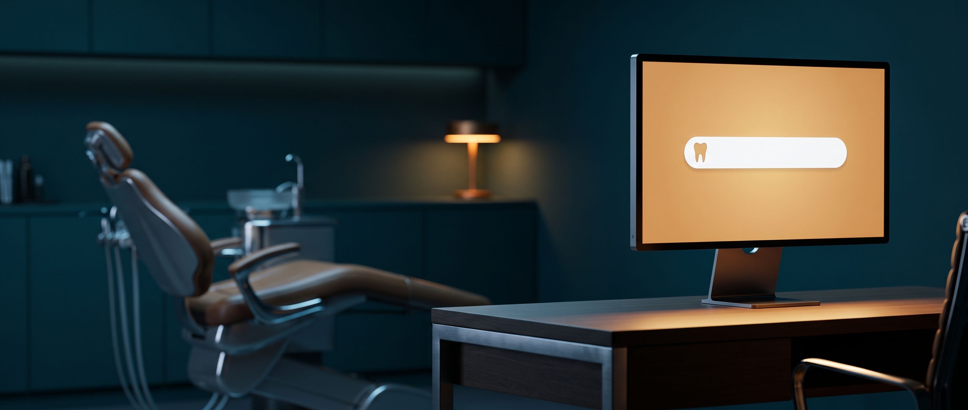 A monitor in a dim dental office showing a glowing search bar with a tooth icon, a dental chair behind it
