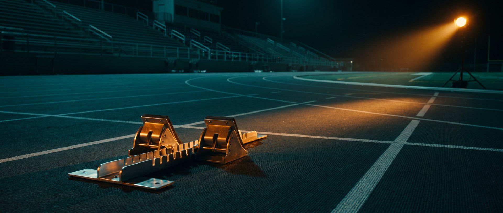 Empty sprinter's starting blocks on a floodlit running track at night, with no one on the line