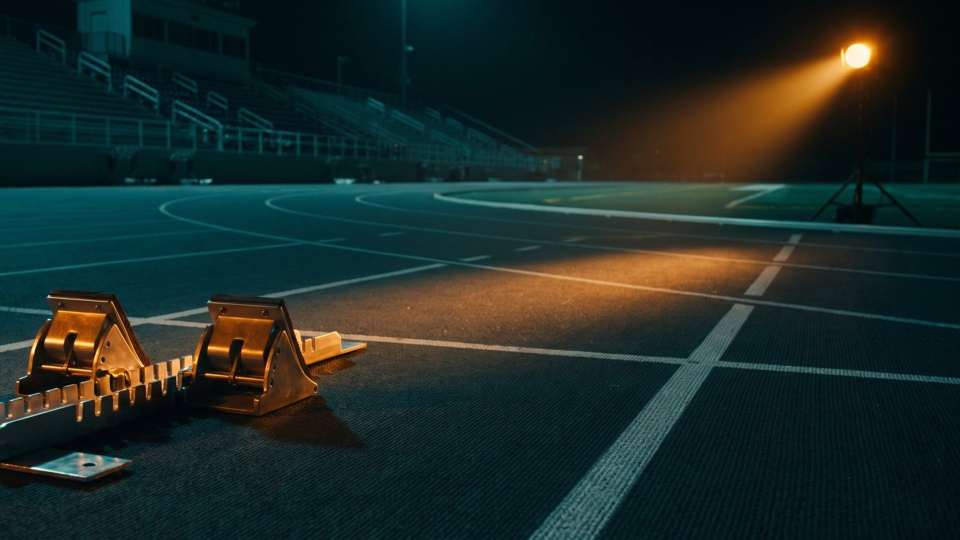 Empty sprinter's starting blocks on a floodlit running track at night, with no one on the line