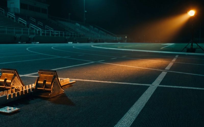 Empty sprinter's starting blocks on a floodlit running track at night, with no one on the line