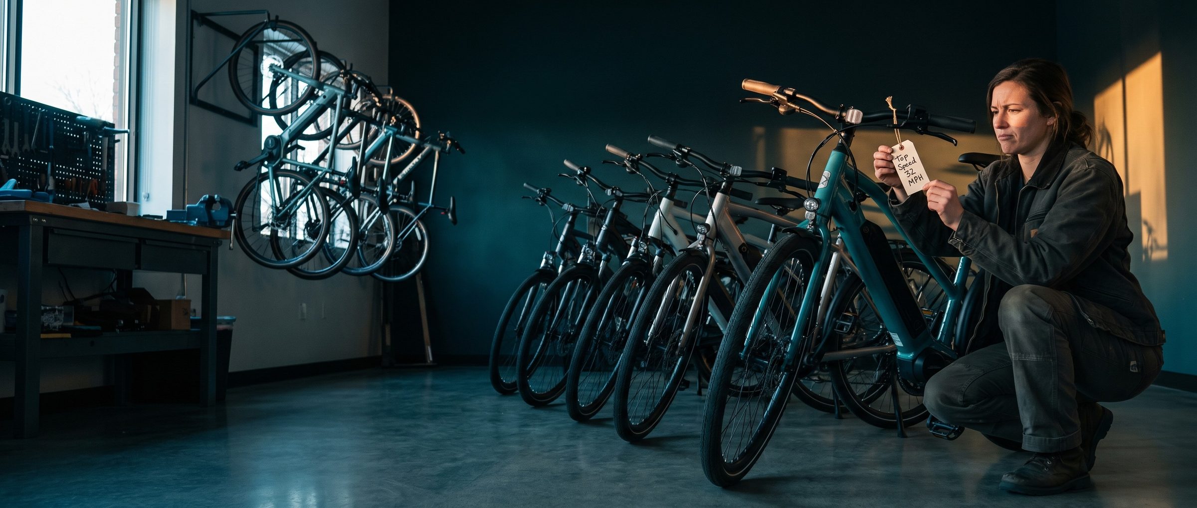 In a bike shop, a woman in a work jacket crouches beside a teal e-bike and frowns at a handwritten hang tag on its handlebar that reads Top Speed 32 MPH