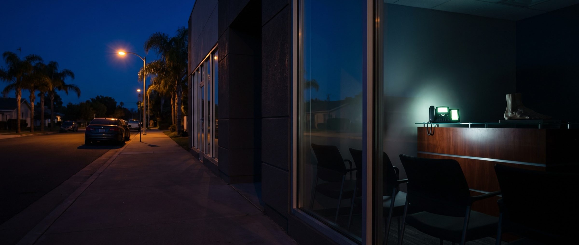 A closed podiatry office at night seen from the sidewalk, its only light a desk phone glowing on the empty reception counter beside a foot model