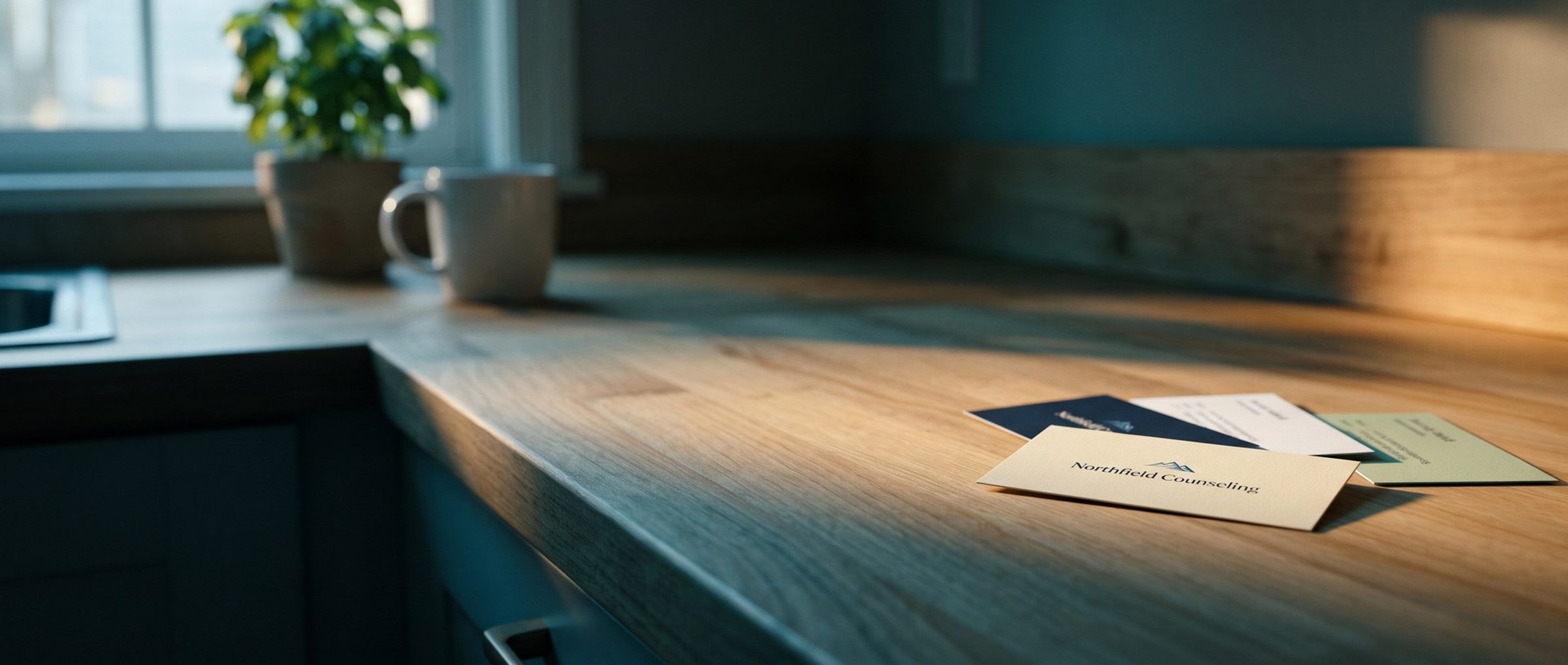 On a wooden kitchen counter in morning light, four business cards from different counseling practices lie in a loose fan, with a cream card reading Northfield Counseling pulled forward
