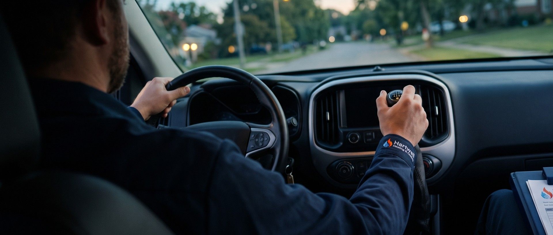 Over the shoulder of a heating and cooling technician driving a work pickup at dawn, his right hand on a six-speed manual gear shift and a company patch on his sleeve