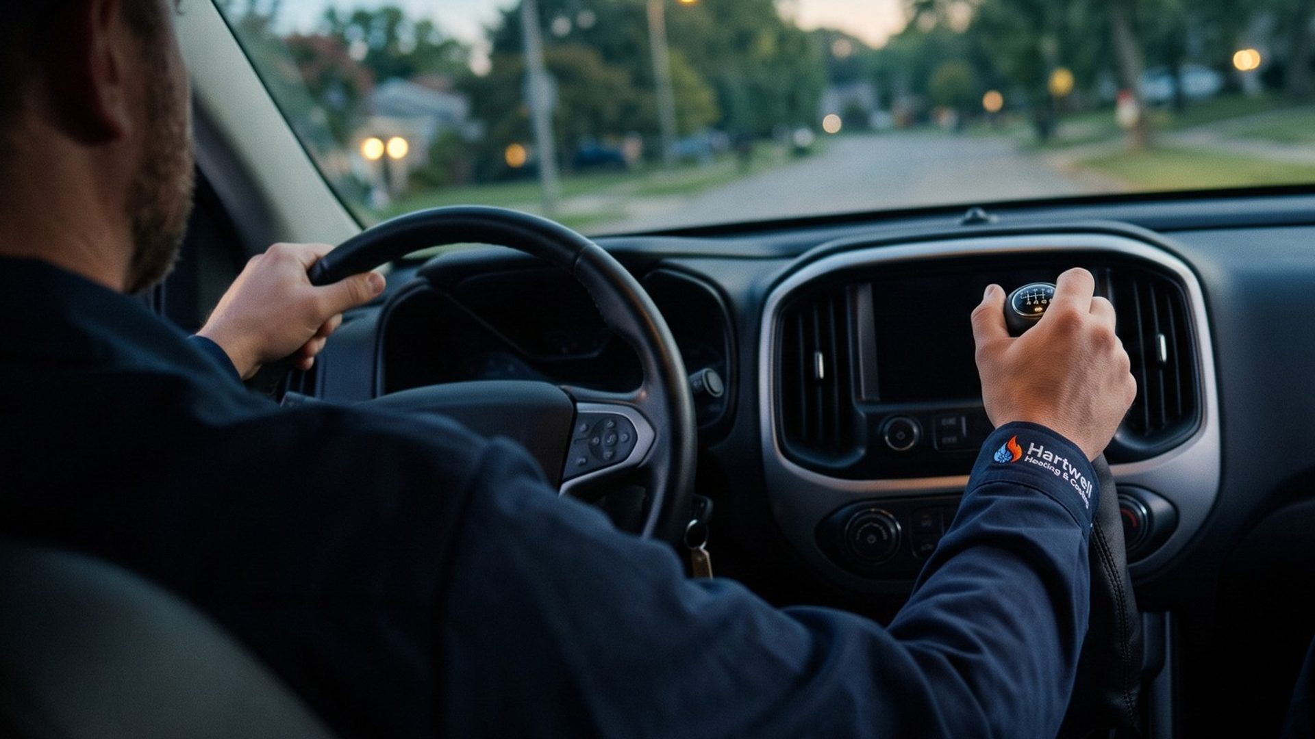 Over the shoulder of a heating and cooling technician driving a work pickup at dawn, his right hand on a six-speed manual gear shift and a company patch on his sleeve
