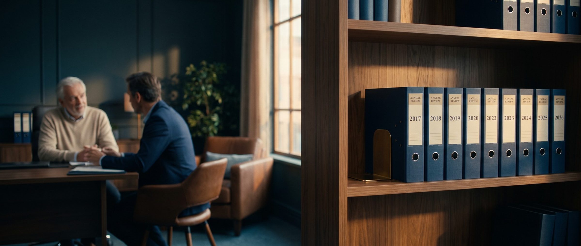 Navy binders labeled Annual Review with the years 2017 to 2026 stand in a row on an advisor's office bookshelf, while an older client and the advisor talk at a desk by the window