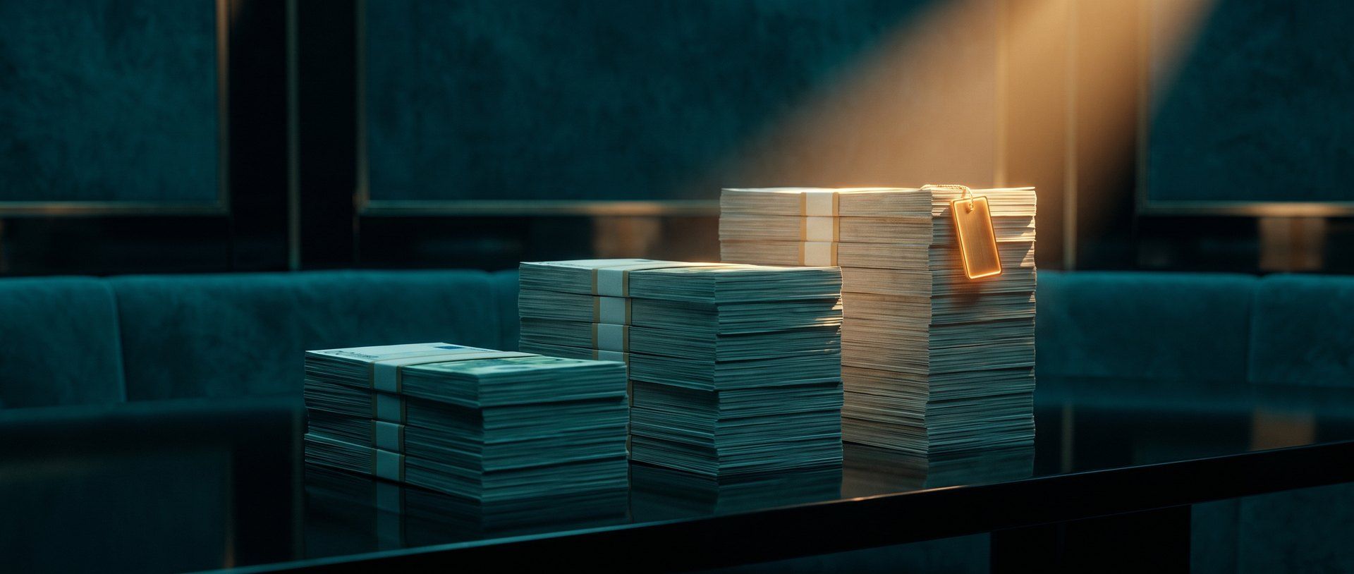 Three rising bundles of banknotes on a dark surface, the tallest one tagged and lit amber as the pre-chosen default.