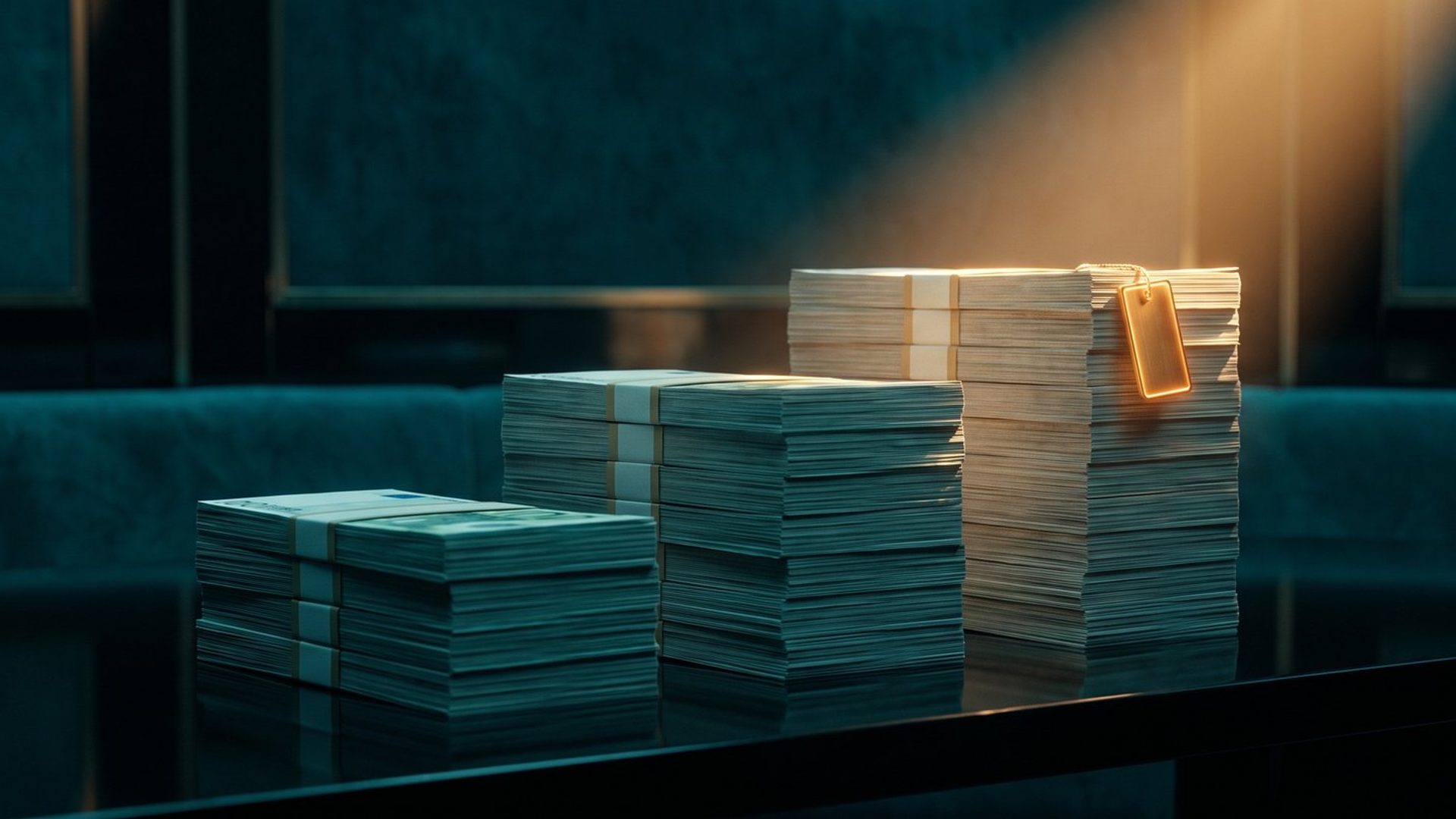Three rising bundles of banknotes on a dark surface, the tallest one tagged and lit amber as the pre-chosen default.
