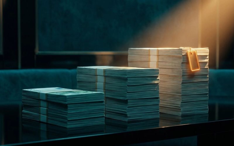 Three rising bundles of banknotes on a dark surface, the tallest one tagged and lit amber as the pre-chosen default.