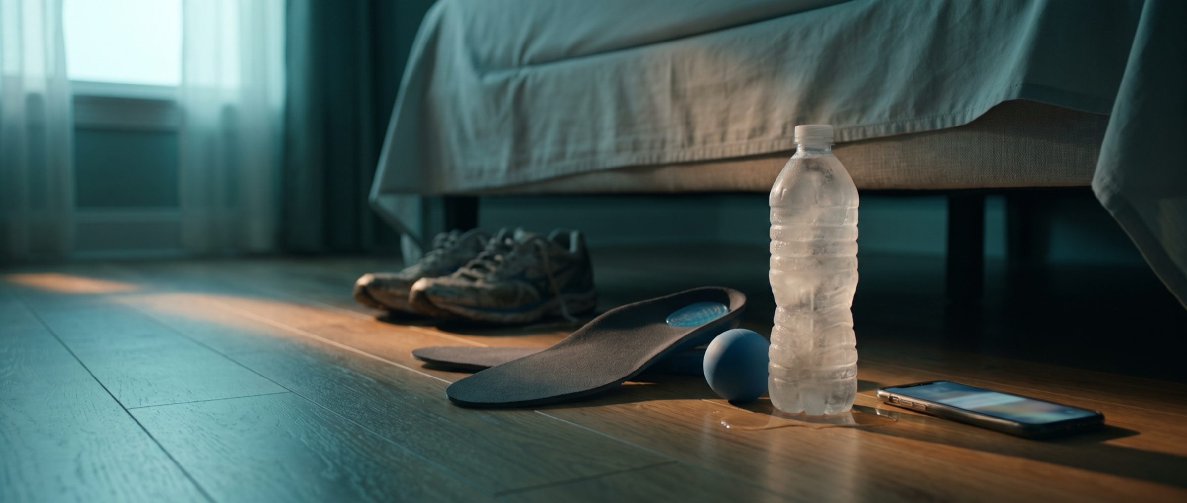 A frozen water bottle, a lacrosse ball, gel insoles and a glowing phone on a bedroom floor beside the bed at dawn, a home heel pain remedy kit