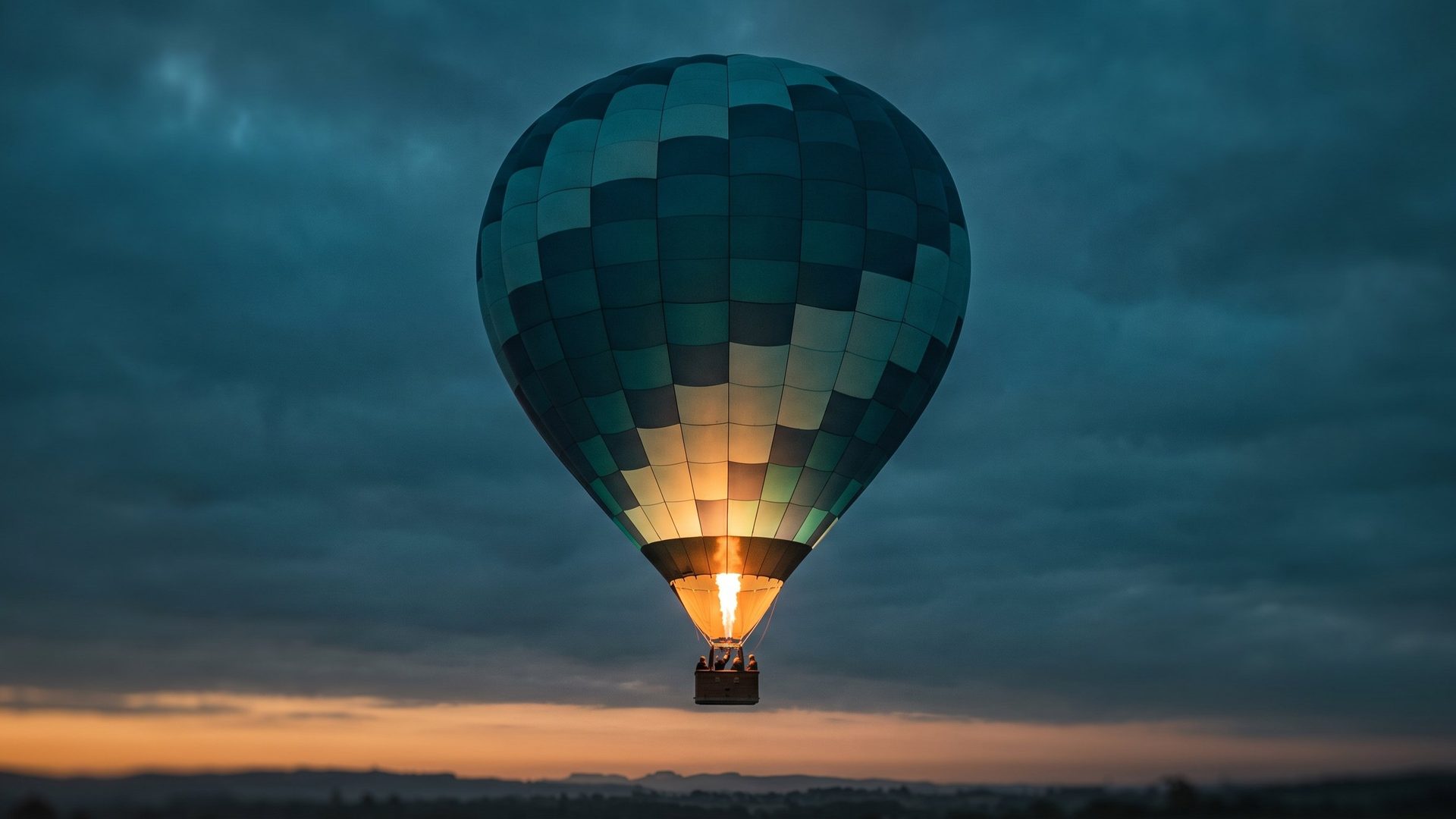 A single hot-air balloon rising steadily at dusk, lifted by a controlled amber burner flame against a deep teal sky - scaling on the fuel you feed it, under control.