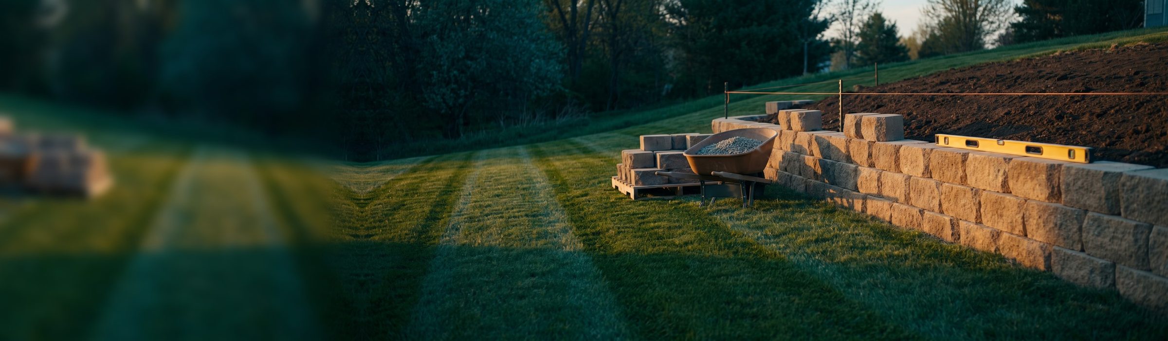 A half-built tan block retaining wall stepping along a sloped backyard at golden hour, with a yellow level on the top course, an orange string line on stakes, a pallet of block and a wheelbarrow of gravel beside it, and a freshly striped lawn in front