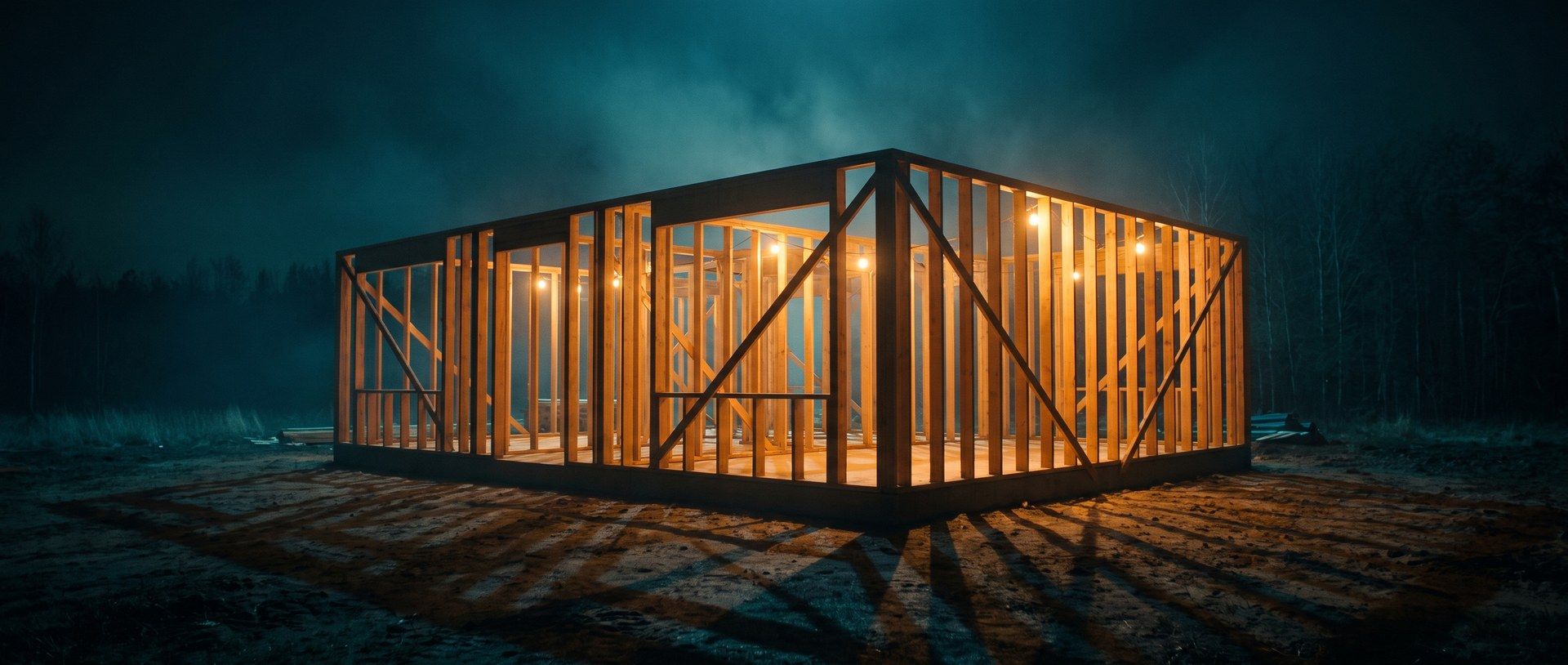 A timber building frame lit from within at dusk, studs up but no walls on it