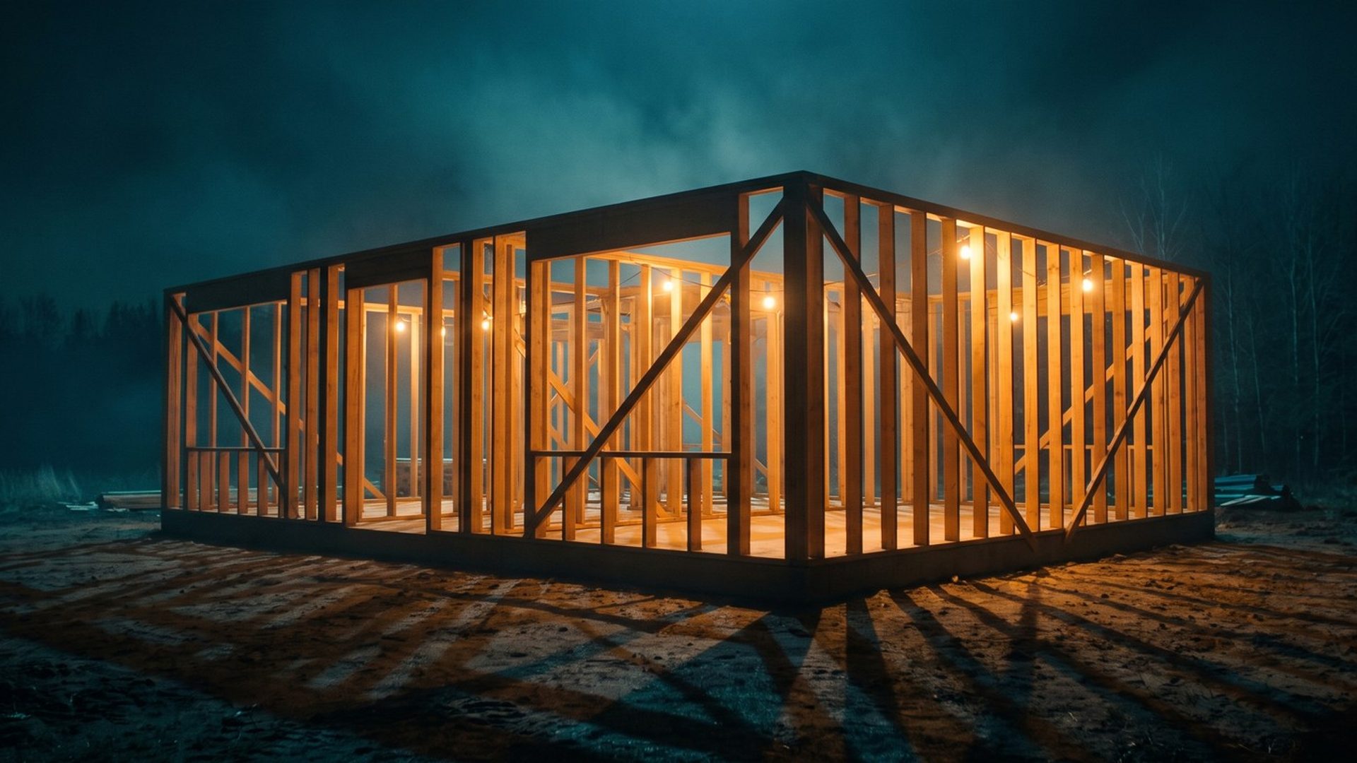 A timber building frame lit from within at dusk, studs up but no walls on it