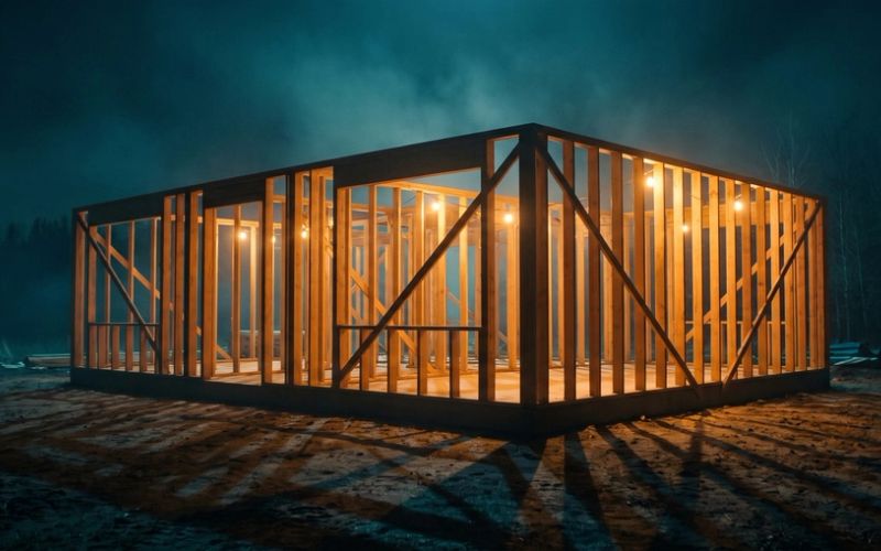 A timber building frame lit from within at dusk, studs up but no walls on it