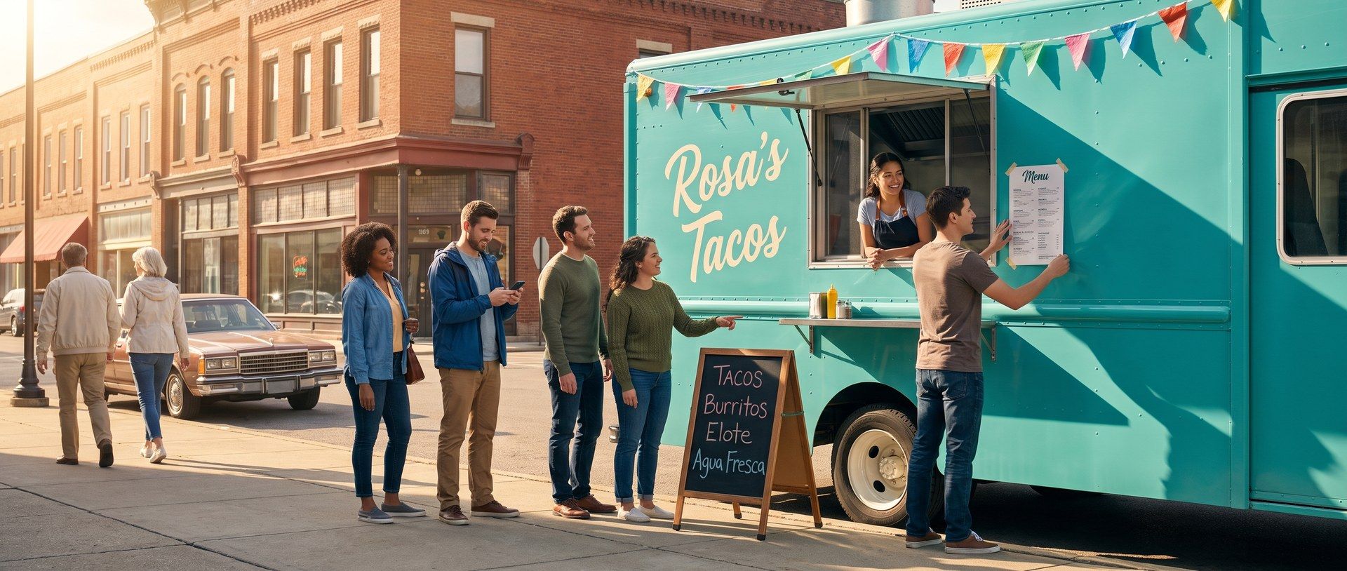 On a sunny city street of brick storefronts, a turquoise food truck reading Rosa's Tacos opens for its first customers: the owner smiles from the service window, her partner tapes a menu to the side, and four people line up by a chalkboard listing tacos, burritos, elote and agua fresca