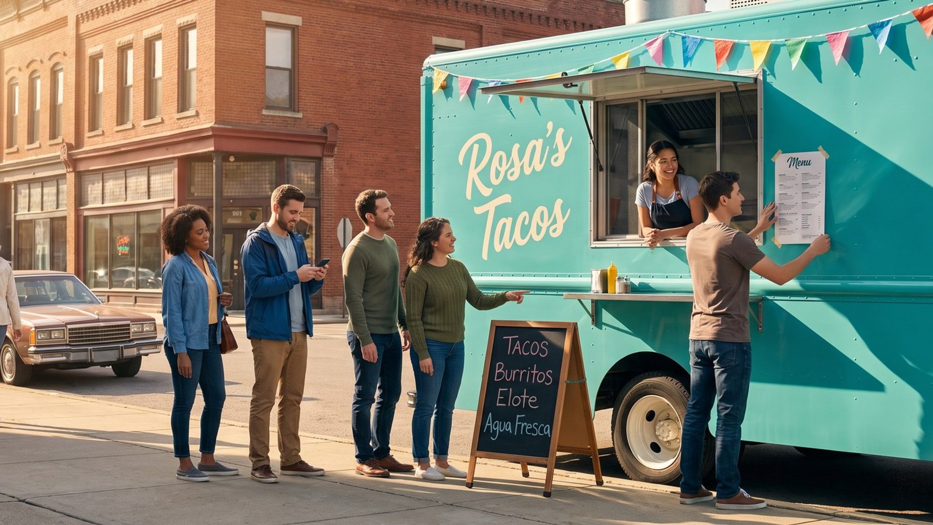 On a sunny city street of brick storefronts, a turquoise food truck reading Rosa's Tacos opens for its first customers: the owner smiles from the service window, her partner tapes a menu to the side, and four people line up by a chalkboard listing tacos, burritos, elote and agua fresca