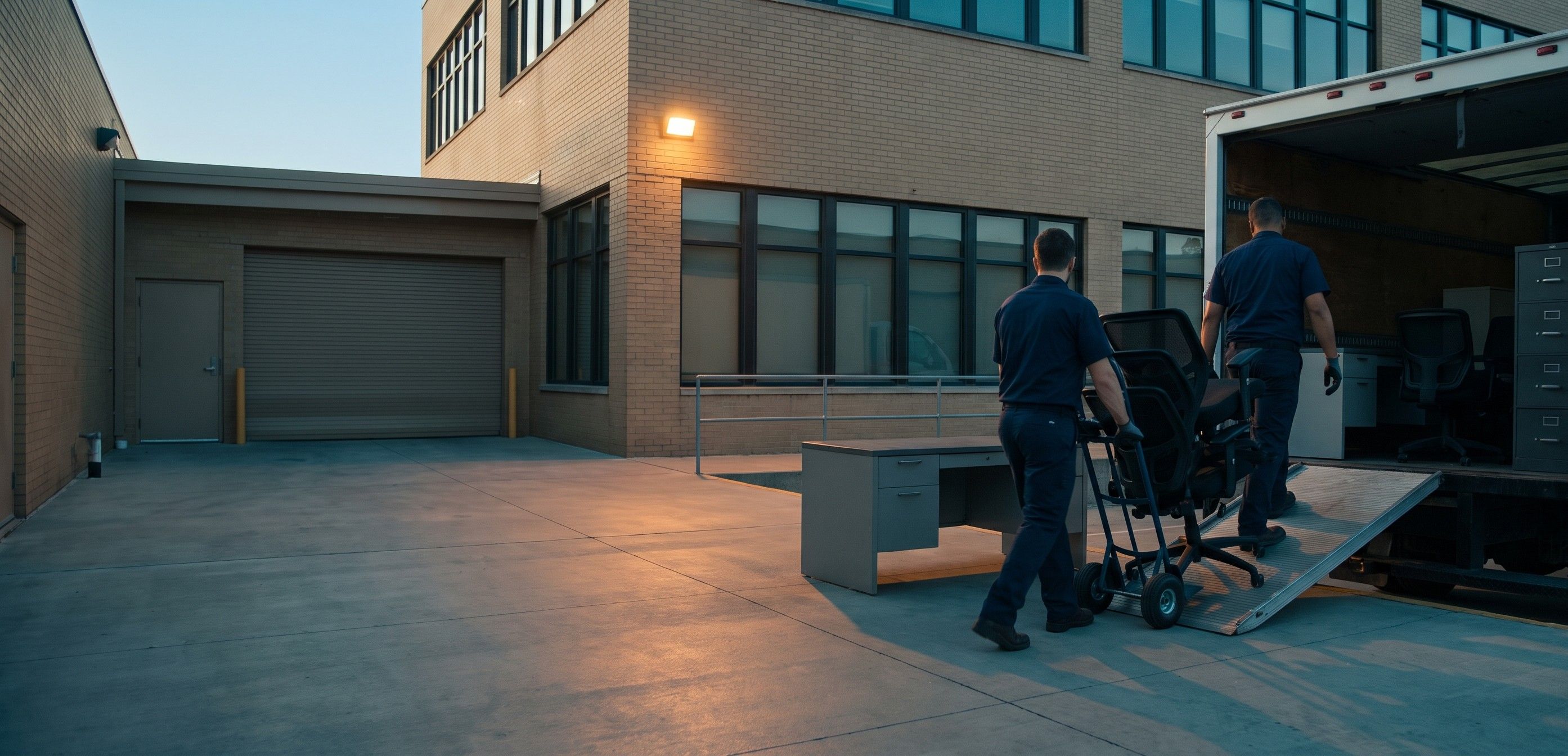 Two junk removal crew members wheeling a dolly of retired black office chairs up a ramp into an open box truck at an office building's loading dock in early morning, with a gray office desk waiting on the dock