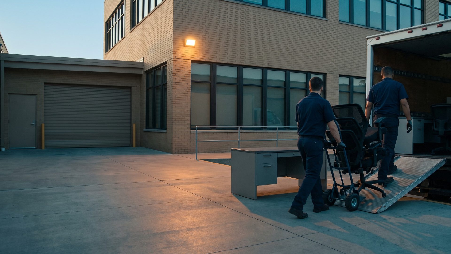Two junk removal crew members wheeling a dolly of retired black office chairs up a ramp into an open box truck at an office building's loading dock in early morning, with a gray office desk waiting on the dock