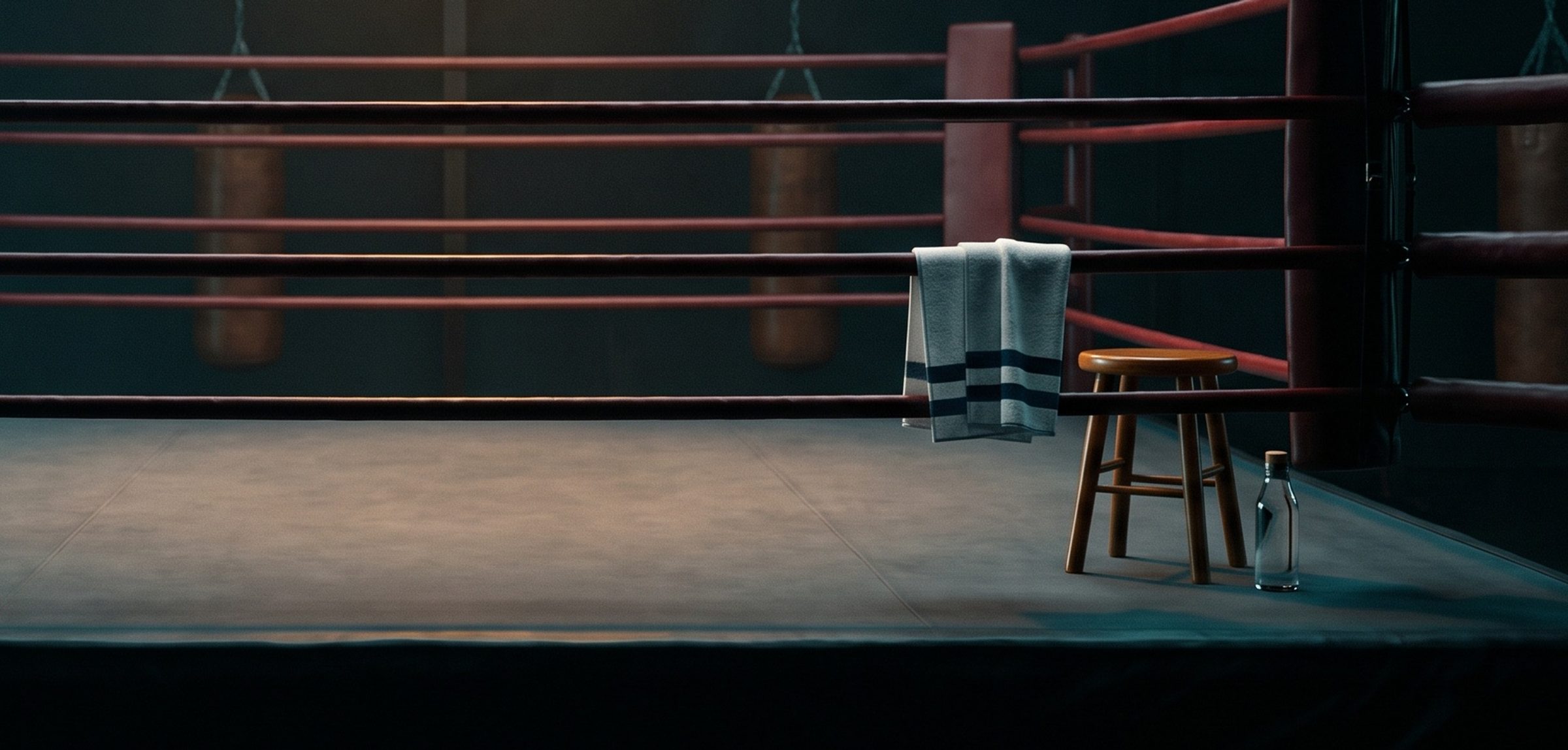 Close-up of a boxing ring corner at night: a wooden stool and a water bottle on the canvas, a striped towel draped over the rope beside the padded corner post, and heavy bags hanging in the dark behind