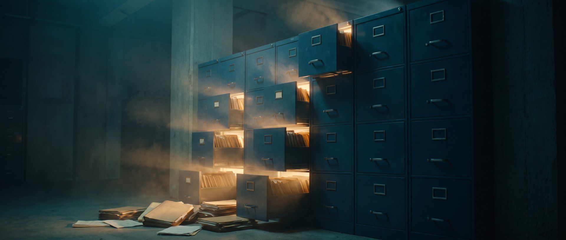 A wall of filing cabinets in a dark room, a cluster of drawers pulled open and glowing warm amber with files, the rest shut and dark
