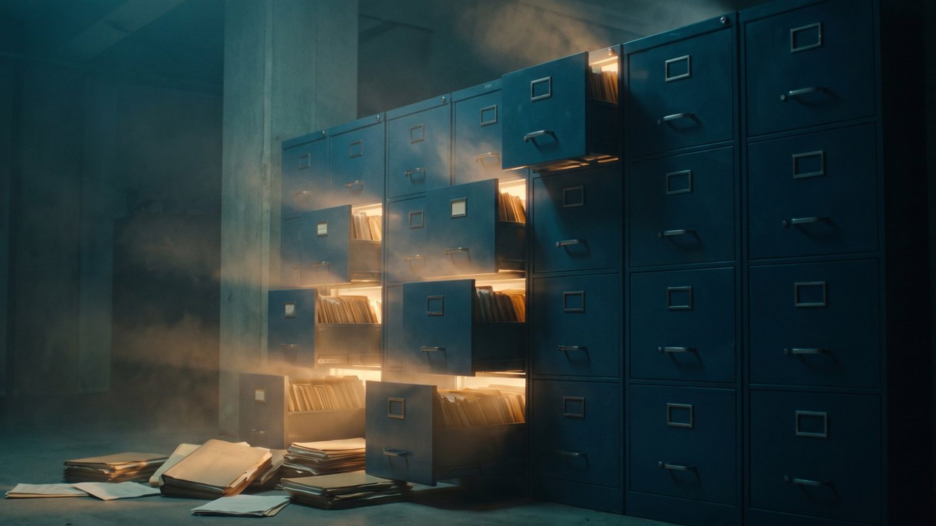 A wall of filing cabinets in a dark room, a cluster of drawers pulled open and glowing warm amber with files, the rest shut and dark