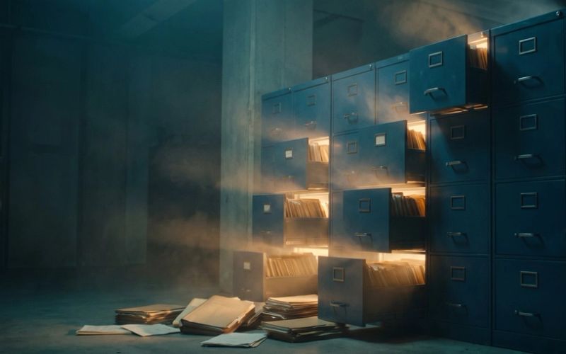 A wall of filing cabinets in a dark room, a cluster of drawers pulled open and glowing warm amber with files, the rest shut and dark