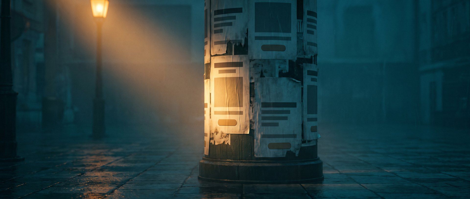 A street advertising column in an empty plaza at dusk, papered with posters, one lit warm amber
