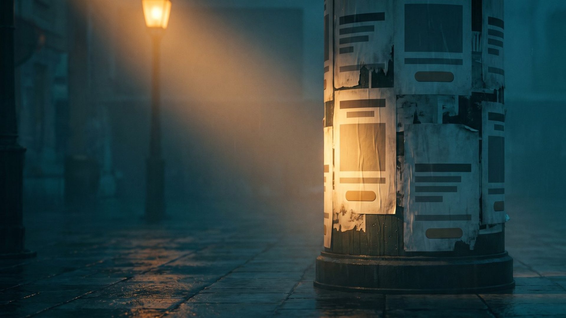 A street advertising column in an empty plaza at dusk, papered with posters, one lit warm amber