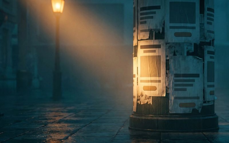 A street advertising column in an empty plaza at dusk, papered with posters, one lit warm amber