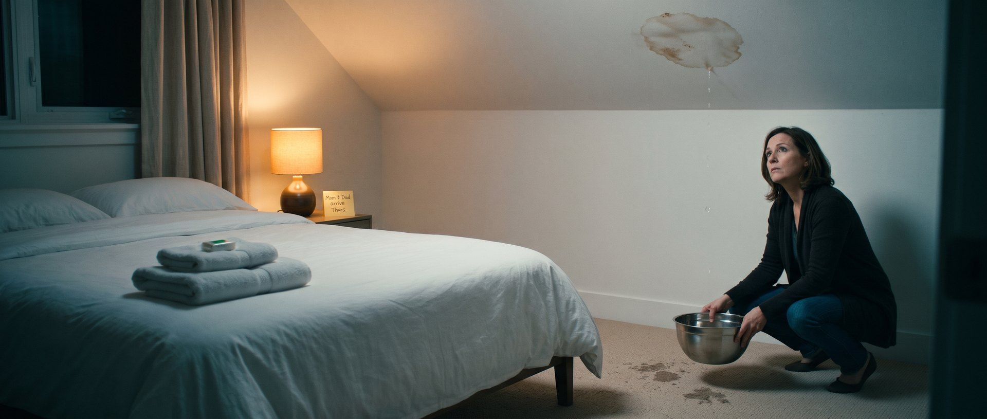 A woman crouches in a made-up guest room and sets a mixing bowl on the carpet under a drip from a brown water stain on the ceiling, with fresh towels on the bed and a sticky note by the lamp that reads Mom and Dad arrive Thurs.