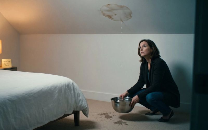 A woman crouches in a made-up guest room and sets a mixing bowl on the carpet under a drip from a brown water stain on the ceiling, with fresh towels on the bed and a sticky note by the lamp that reads Mom and Dad arrive Thurs.