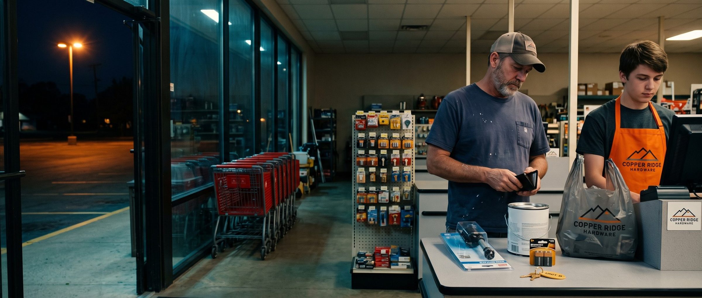 A tired landlord in a paint-flecked t-shirt pays at a Copper Ridge Hardware checkout at night, with a toilet fill valve, a can of white paint, batteries and a Unit B key tag on the counter