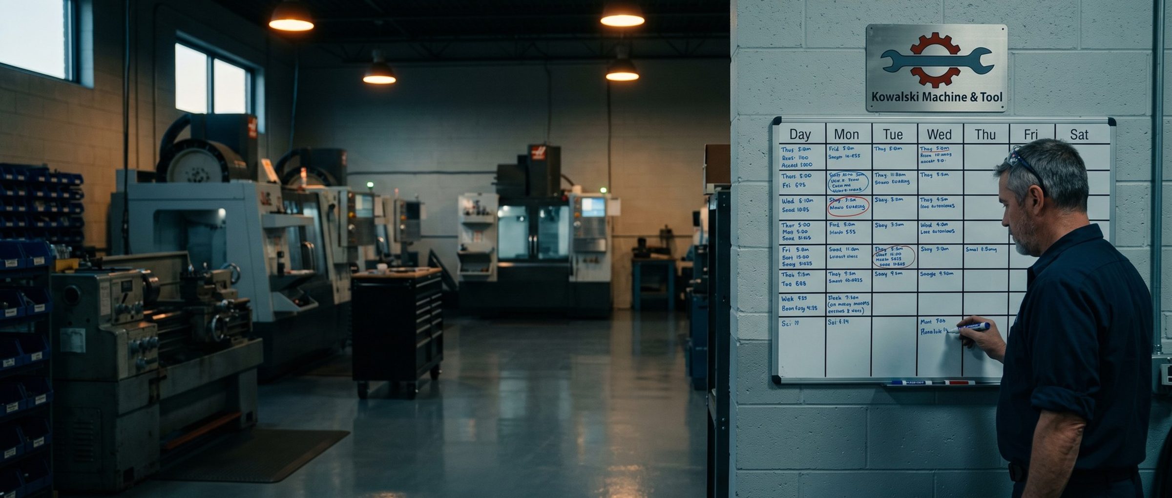 A small machine shop owner writes a new job on the whiteboard job board under a Kowalski Machine and Tool sign at the end of the day, machines quiet behind him