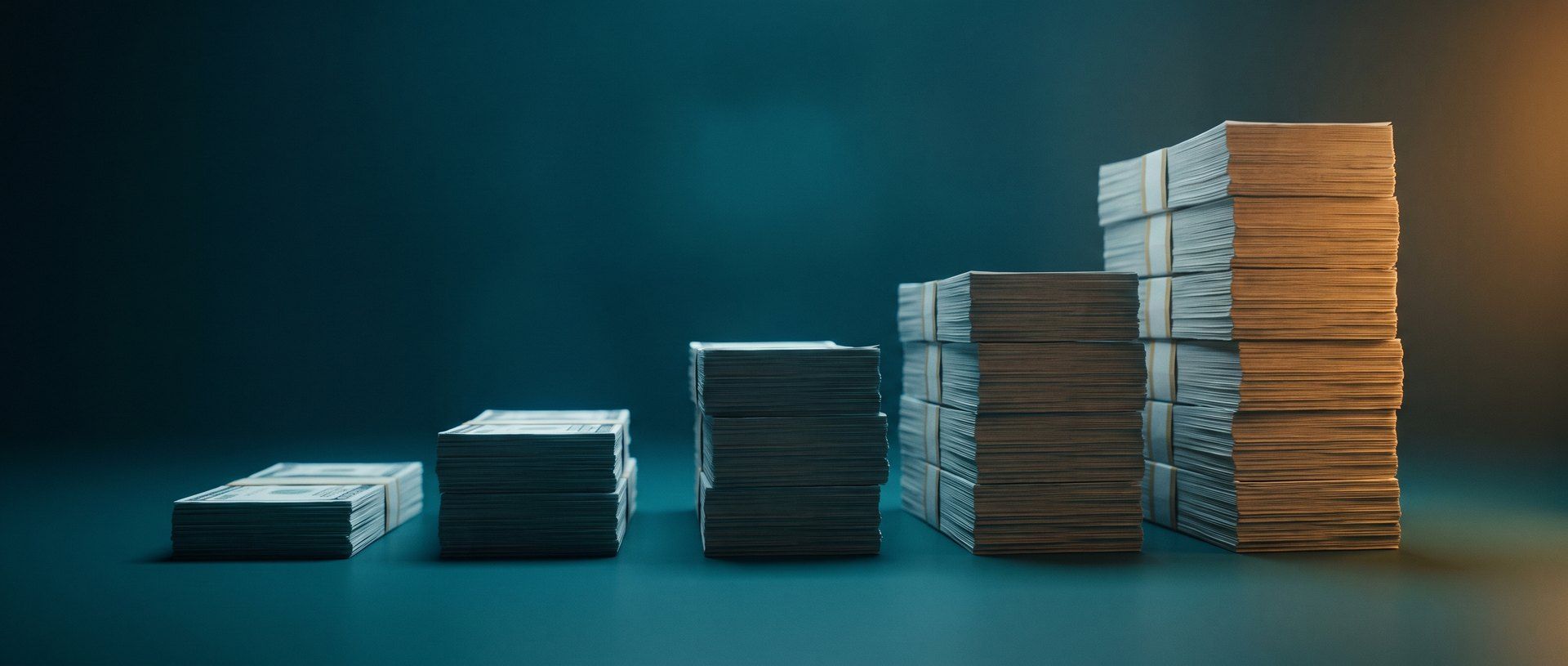 Five bundles of banknotes of very different heights standing in a row