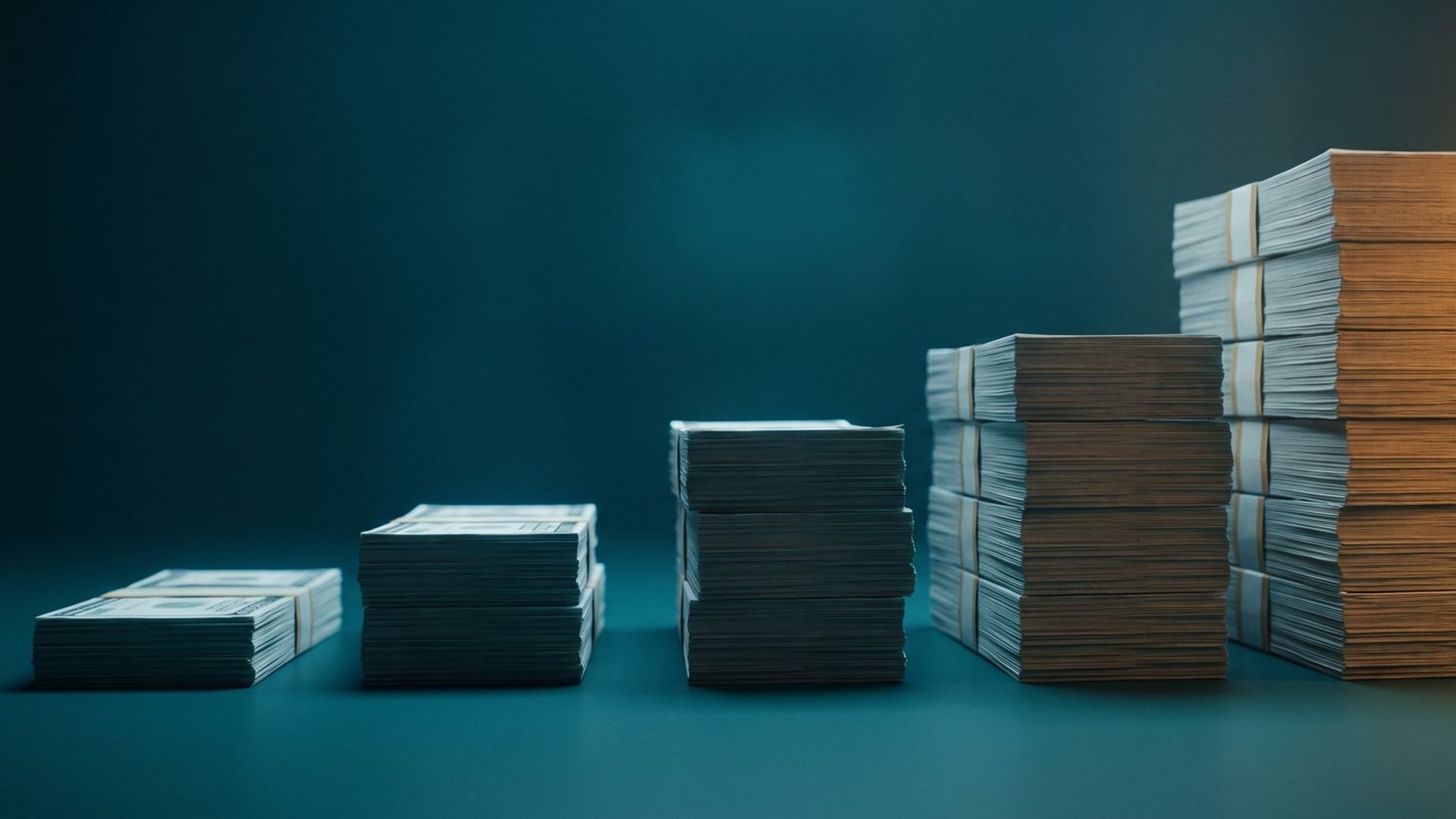 Five bundles of banknotes of very different heights standing in a row
